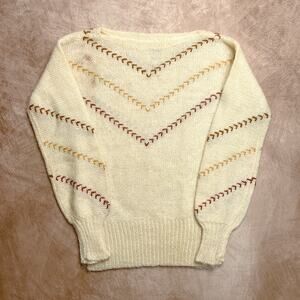 Vintage 70s Hark Embroidered Sweater Cream Knit Accent Stitching Wool Blend